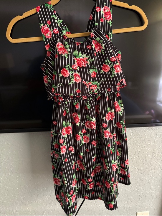 top girl Other - Girls Black Floral Stripe Sundress with Pink Roses by